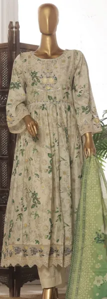 Pakistani Original Bin Saeed luxury Stitched Cotton Embroidered Gown 3 Pcs_Off White